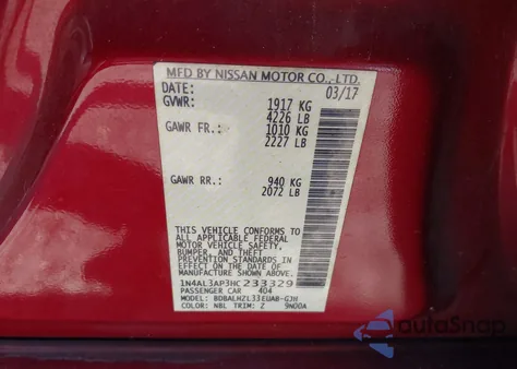 2017 Nissan Altima 2.5 Sr z USA, uszkodzony, nr VIN 1N4AL3AP3HC233329